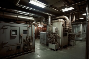 The engineering room is equipped with heating equipment and a boiler machine. It is currently empty but intended for use in enterprises. The room has gray walls and is designated for ventilation