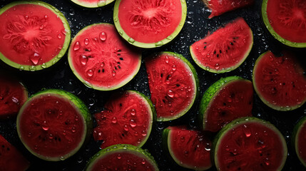 Pattern of ripe fresh red watermelon stacked in a row cut into circles with water drops. High quality illustration