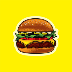 Original vector illustration of Burger with cutlet, tomatoes and greens in vintage style. T-shirt design, design element.
