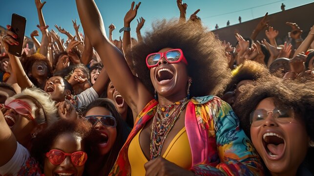 African American woman with afro crowd surfing looking at camera, crowd of fans at a concert, everyone is holding a iphone, colorful outfits, braids, cool sunglasses