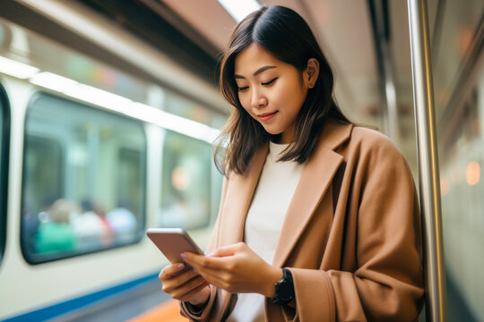 Woman Use Of Mobile Phone In Subway Train. Travel And Communication Concept