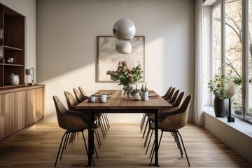 The dining room in this minimalist home is beautifully adorned with a stylish rustic interior. It features a walnut wooden table and retro chairs, along with tasteful decorations and a vase filled