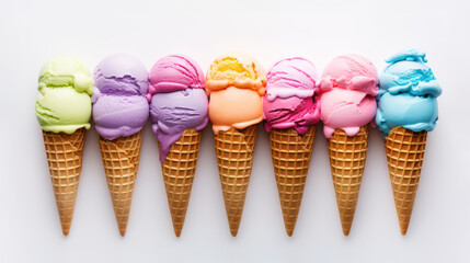 Advertising shot, multicolored ice cream balls in cones in a row in a top view, isolated on a light gray background. High quality illustration