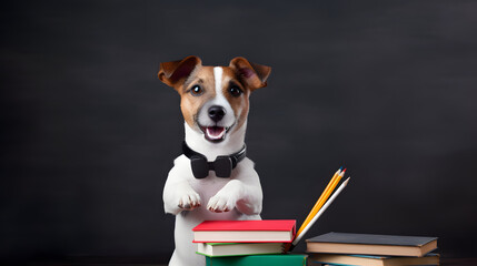 Smart jack russell terrier puppy holds books and points away on empty black chalkboard