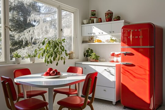 The interior of the kitchen is bright, featuring a red refrigerator, white countertops, and a dining table.