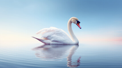 Fototapeta premium Advertising portrait, banner, swimming beautiful white swan and a reflection, isolated on light blue background. High quality illustration