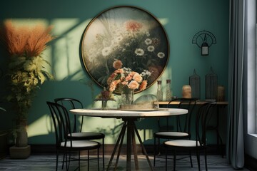 The dining room interior features a mock up poster frame, a circular table, a green shelf, a vase filled with flowers, a fashionable chair, a vase filled with dried flowers, and personal accessories