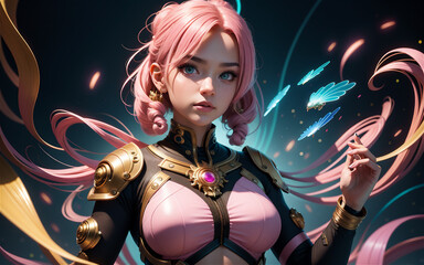 Fototapeta na wymiar Chinese anime girl with cyberpunk futuristic style. Pink hair game character woman.