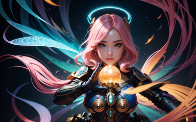 Chinese anime girl with cyberpunk futuristic style. Pink hair game character woman.