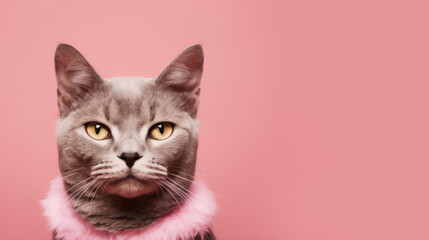 Advertising portrait, banner, cool looking cat gray color, yellow eyes, funny straight look with pink collar, isolated on pink background. High quality illustration