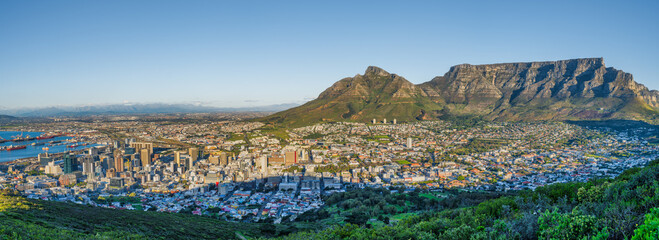 Panorama shot of Cape Town city and table mountain during sunset, Cape Town, South Africa