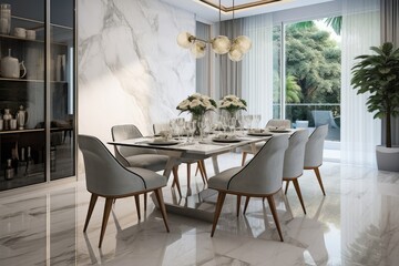 The dining room is elegantly adorned with marble tiles on both the walls and the floor, complemented by a spacious and contemporary glass table. Accompanied by two chairs, it creates a modern and