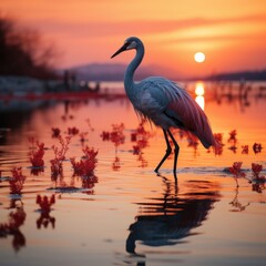 heron on sunset background