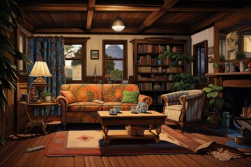 The idea of domestic comfort is illustrated in a still life depiction of a living room adorned with wooden elements.