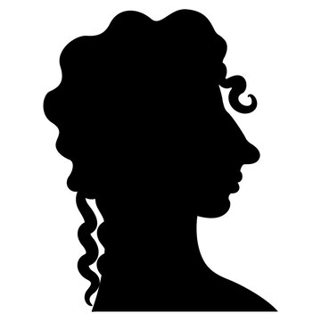 Head of Cretan Minoan girl. Female portrait in profile. Pretty woman or goddess. La Parisienne fresco from Knossos. Black silhouette on white background.