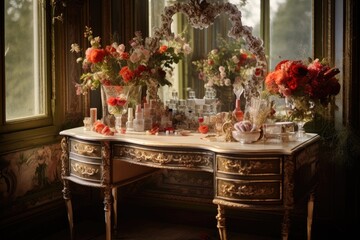The ladys dressing table is adorned with flowers and intricate adornments, creating a beautiful and detailed display.