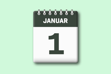 1. Januar - Die Kalender Illustration zeigt ein Kalenderblatt auf gr?nem Hintergrund. Erster Tag vom Monat Januar