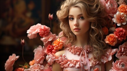Naklejka premium girl with flowers. Generative AI