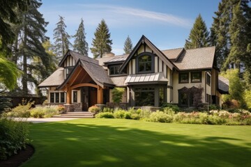 Fototapeta na wymiar The image showcases an elegant house situated on a beautifully landscaped property, with a clear blue sky and lush green foliage in the background. The house features craftsman style windows and a