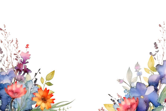 captivating watercolor border frame with different flowers and plants  isolated against transparent background