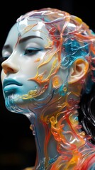 Shiny model face ornate with motion plastic, colorful, surrealism