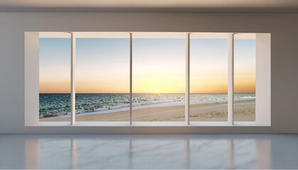 Obraz na płótnie Canvas Large windows in a room overlooking the sunset on the beach