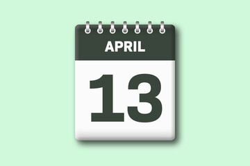 13. April - Die Kalender Illustration zeigt ein Kalenderblatt auf gr?nem Hintergrund. Dreizehnter Tag vom Monat April