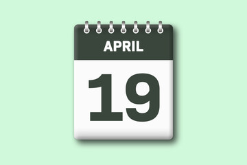 19. April - Die Kalender Illustration zeigt ein Kalenderblatt auf gr?nem Hintergrund. Neunzehnter Tag vom Monat April
