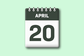 20. April - Die Kalender Illustration zeigt ein Kalenderblatt auf gr?nem Hintergrund. Zwanzigster Tag vom Monat April