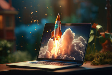 Rocket takes off from laptop, startup concept. AI generative.