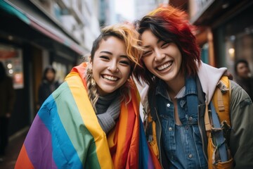 Portrait young adult queer lover transgender asia two gay people fun happy waving hold colorful flag. Proud of LGBT LGBTQIA culture color bisexual family festival