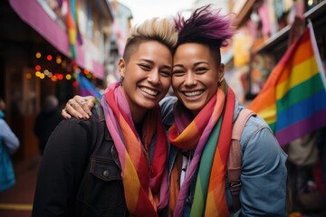 Fototapeta premium Portrait young adult queer lover transgender asia two gay people fun happy waving hold colorful flag. Proud of LGBT LGBTQIA culture color bisexual family festival