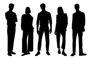 Vector silhouettes of  men and a women, a group of standing   business people, profile, black  color isolated on white background