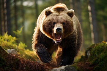 Obraz premium Wild brown bear charging at the camera in forest, brown bear attacking cameraman, wildlife, generative ai 