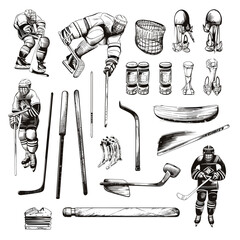 Hockey elements set vector illustration
