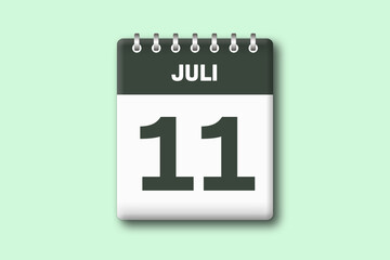 11. Juli - Die Kalender Illustration zeigt ein Kalenderblatt auf gr?nem Hintergrund. Elfter Tag vom Monat Juli
