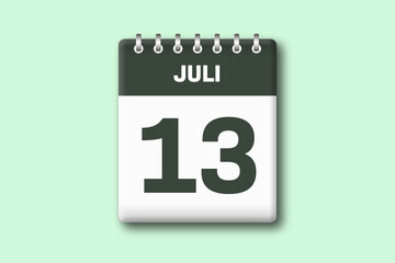 13. Juli - Die Kalender Illustration zeigt ein Kalenderblatt auf gr?nem Hintergrund. Dreizehnter Tag vom Monat Juli