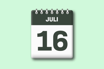 16. Juli - Die Kalender Illustration zeigt ein Kalenderblatt auf gr?nem Hintergrund. Sechzehnter Tag vom Monat Juli