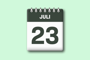 23. Juli - Die Kalender Illustration zeigt ein Kalenderblatt auf gr?nem Hintergrund. Dreiundzwanzigster Tag vom Monat Juli