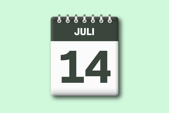 14. Juli - Die Kalender Illustration zeigt ein Kalenderblatt auf gr?nem Hintergrund. Vierzehnter Tag vom Monat Juli