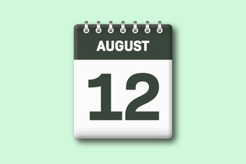 12. August - Die Kalender Illustration zeigt ein Kalenderblatt auf gr?nem Hintergrund. Zw?lfter Tag vom Monat August