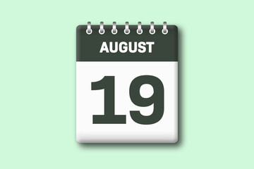 19. August - Die Kalender Illustration zeigt ein Kalenderblatt auf gr?nem Hintergrund. Neunzehnter Tag vom Monat August