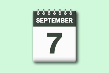 7. September - Die Kalender Illustration zeigt ein Kalenderblatt auf gr?nem Hintergrund. Siebter Tag vom Monat September