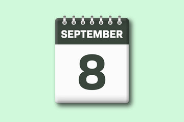 8. September - Die Kalender Illustration zeigt ein Kalenderblatt auf gr?nem Hintergrund. Achter Tag vom Monat September