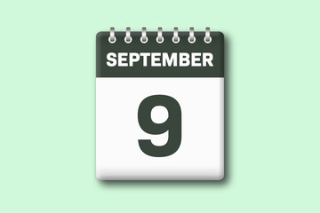 9. September - Die Kalender Illustration zeigt ein Kalenderblatt auf gr?nem Hintergrund. Neunter Tag vom Monat September
