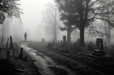 In a mist-laden graveyard, an atmospheric Halloween illustration unveils an eerie scene shrouded in fog.