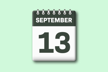 13. September - Die Kalender Illustration zeigt ein Kalenderblatt auf gr?nem Hintergrund. Dreizehnter Tag vom Monat September