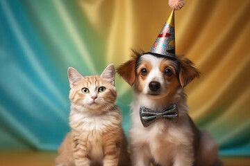 Fototapeta na wymiar Cute cat and dog donning funny party clothes, captured in front of a vivid and colorful background, adding a touch of whimsy and cheer to the scene with their delightful outfits.