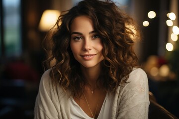 Happy young woman sitting on sofa at home and looking at camera