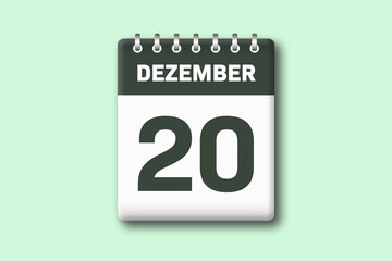 20. Dezember - Die Kalender Illustration zeigt ein Kalenderblatt auf gr?nem Hintergrund. Zwanzigster Tag vom Monat Dezember